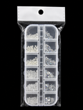12-GRID BOX OF WHITE FAUX PEARL AND RHINESTONE NAIL ART ACCESSORIES