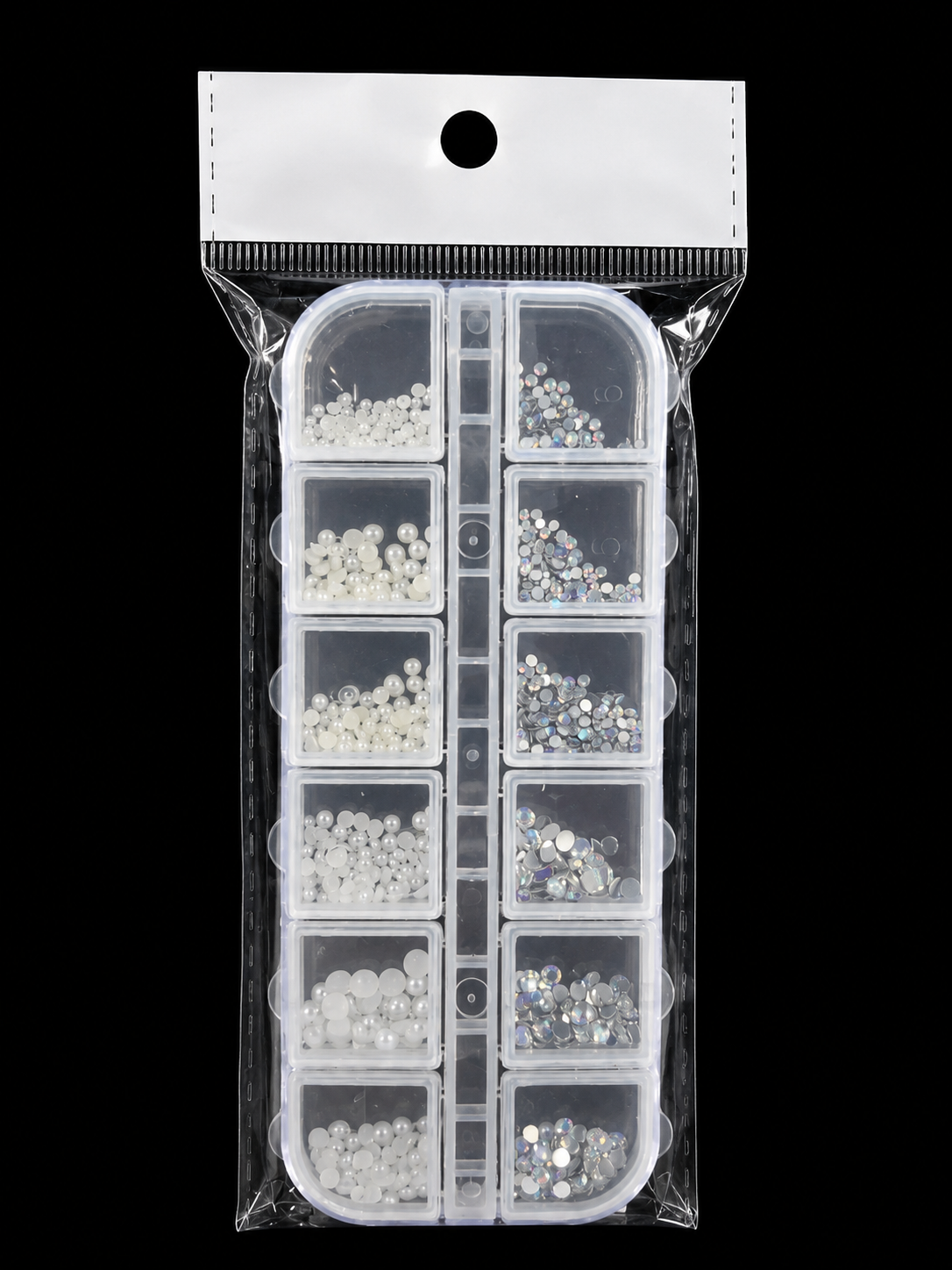 12-GRID BOX OF WHITE FAUX PEARL AND RHINESTONE NAIL ART ACCESSORIES
