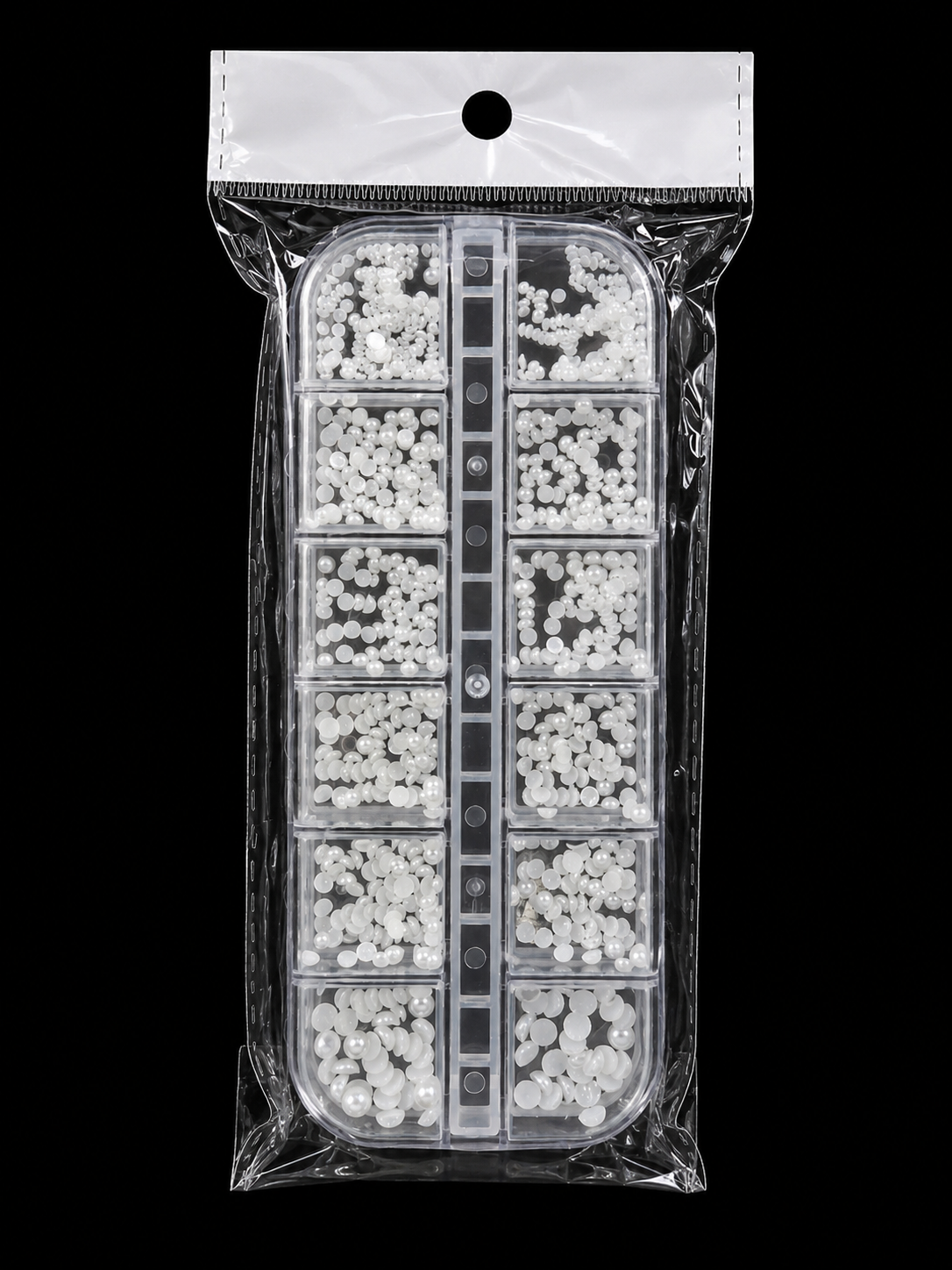 12-GRID WHITE FAUX PEARL NAIL ART DECORATION SET FEATURING MIXED SIZES